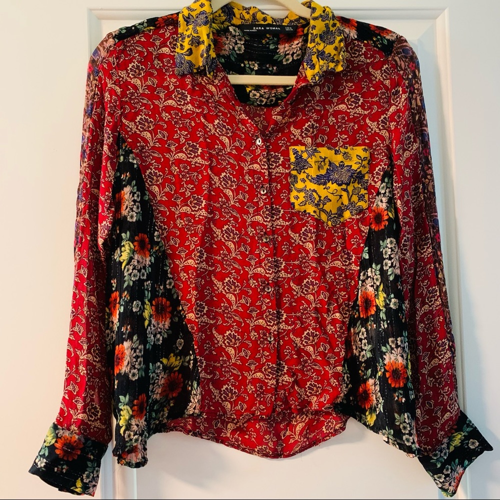 Zara Floral Patchwork Button-Down Sheer Blouse - image 4
